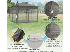 Toldo Portátil 3x3m, Pop-up, com LED solar, 4 cortinas, telhado duplo, altura ajustável, bolsa de transporte com rodas