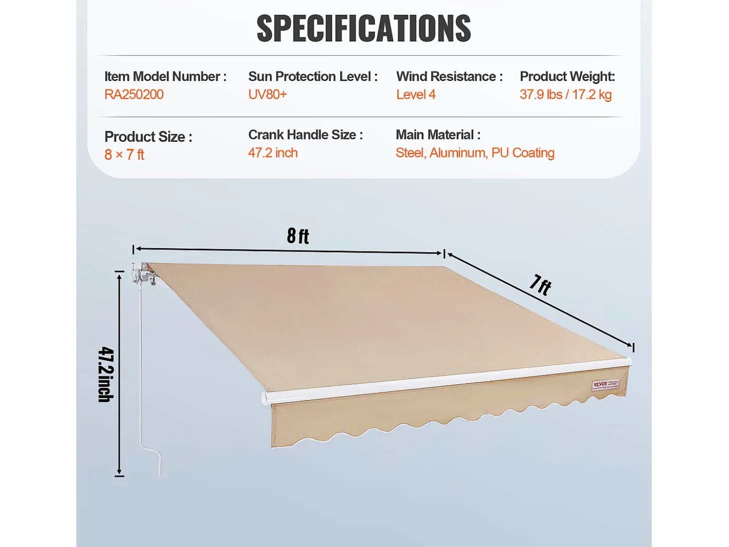 Toldo Retrátil Manual Para Terraço SucceBuy 243,84 x 213,36 cm Cobertura De Sombra Com Manivela