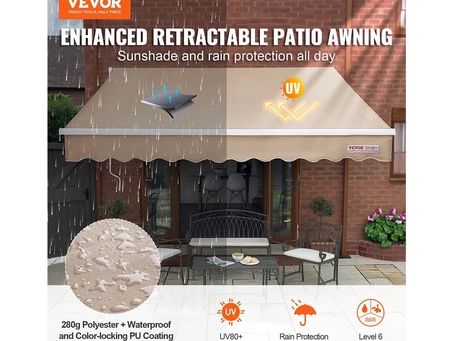 Toldo Retrátil Manual Para Terraço SucceBuy 243,84 x 213,36 cm Cobertura De Sombra Com Manivela