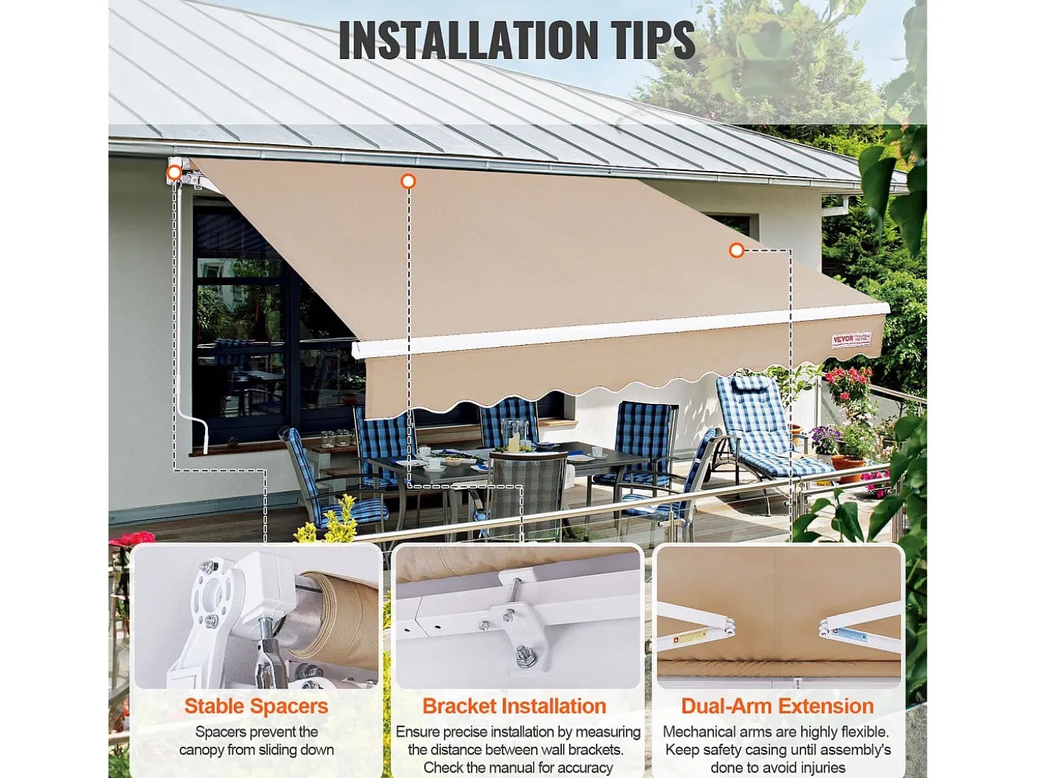 Toldo Retrátil Manual Para Terraço SucceBuy 243,84 x 213,36 cm Cobertura De Sombra Com Manivela