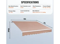 Toldo Retrátil Manual SucceBuy para Pátio, 305 x 244 CM, Toldo Retrátil para Pátio, Abrigo Solar com Manivela