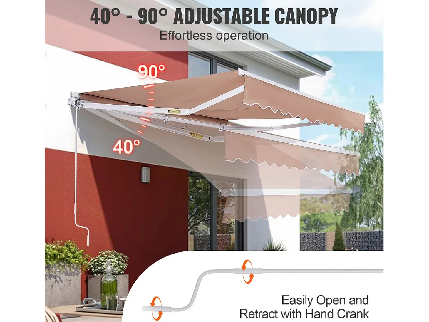 Toldo Retrátil Manual SucceBuy para Pátio, 305 x 244 CM, Toldo Retrátil para Pátio, Abrigo Solar com Manivela