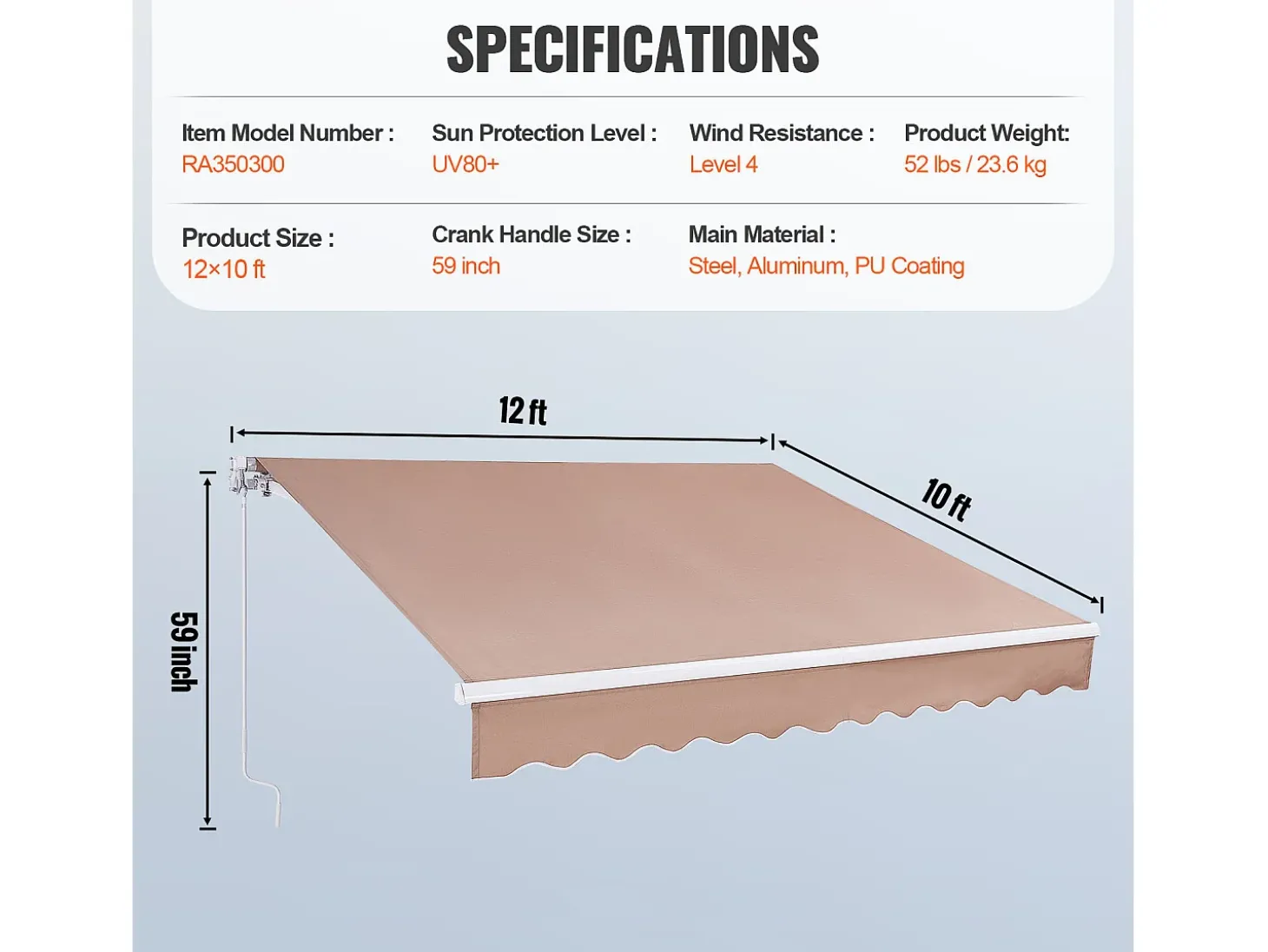 Toldo Retrátil Manual SucceBuy para Pátio, 366 x 305 CM, Toldo Retrátil para Pátio, Abrigo Solar com Manivela