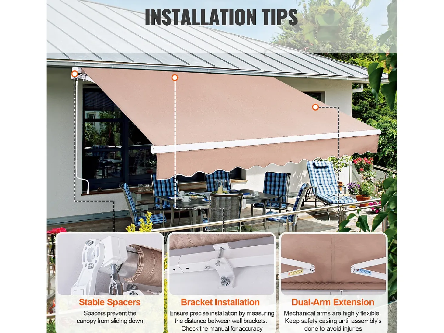 Toldo Retrátil Manual SucceBuy para Pátio, 366 x 305 CM, Toldo Retrátil para Pátio, Abrigo Solar com Manivela