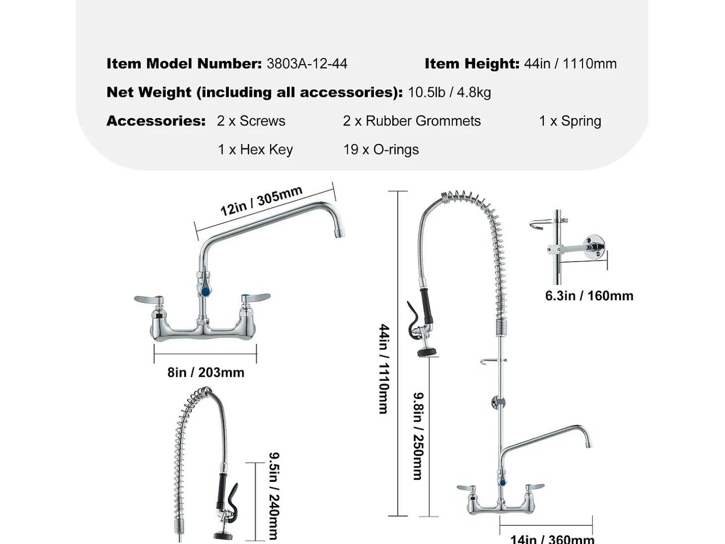 Torneira de Cozinha, SucceBuy Torneira de Parede Comercial - Com Pulverizador de Pré-Enxágue, 111.8 cm