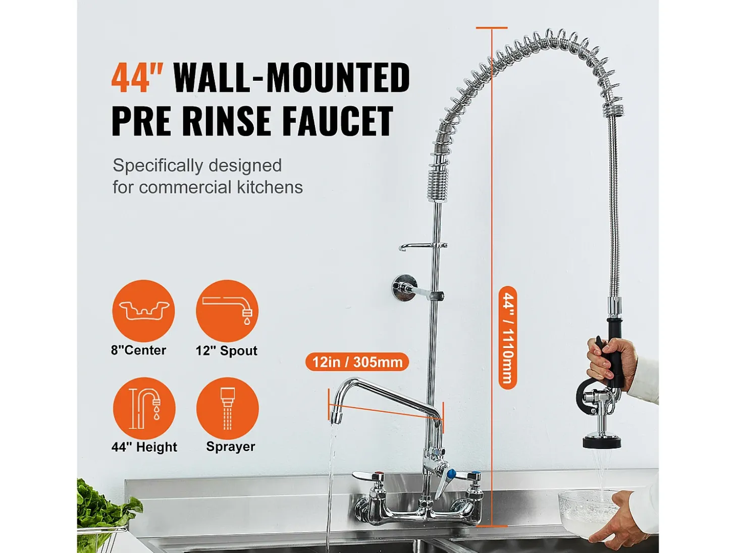 Torneira de Cozinha, SucceBuy Torneira de Parede Comercial - Com Pulverizador de Pré-Enxágue, 111.8 cm
