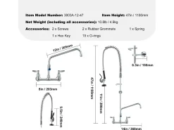 Torneira de Cozinha, SucceBuy Torneira de Pia de Cozinha Comercial de Parede com Pulverizador de Pré-enxaguamento, Altura de 120 cm