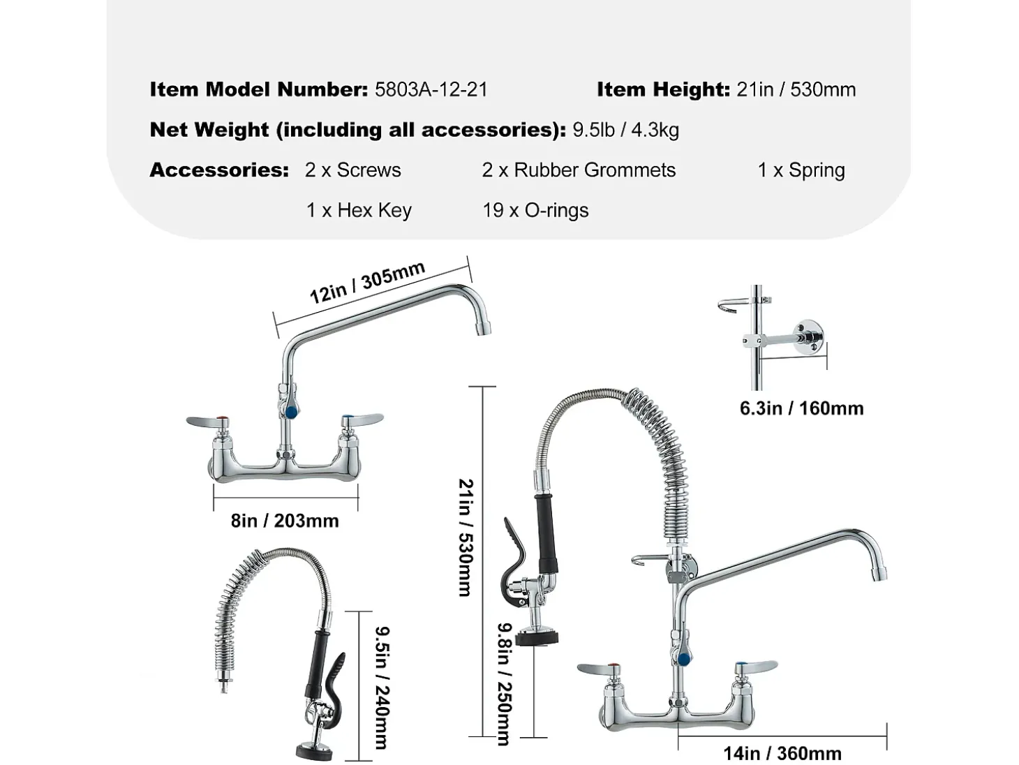 Torneira de Cozinha, SucceBuy Torneira de Parede Comercial - Com Pulverizador de Pré-Enxágue, 53.3 cm