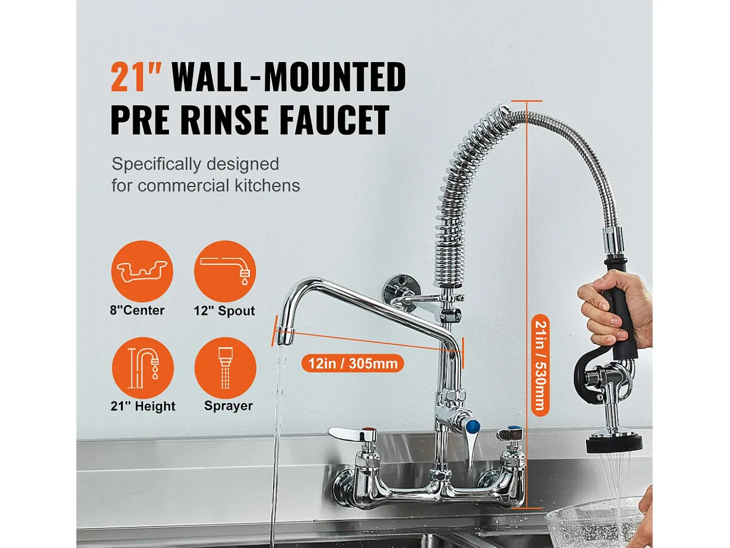 Torneira de Cozinha, SucceBuy Torneira de Parede Comercial - Com Pulverizador de Pré-Enxágue, 53.3 cm