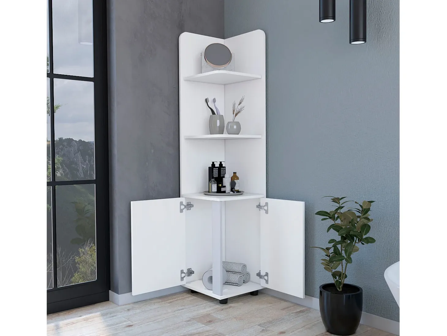 Torre de casa de banho Malibu em Melamina, com 2 portas e 3 prateleiras , 158 cm X 37.5 cm X 36 cm , Branco