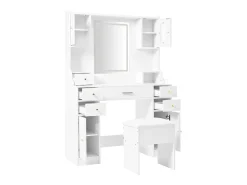 Toucador branco com espelho, 6 gavetas e 4 portas, iluminação LED, tomadas e bancos