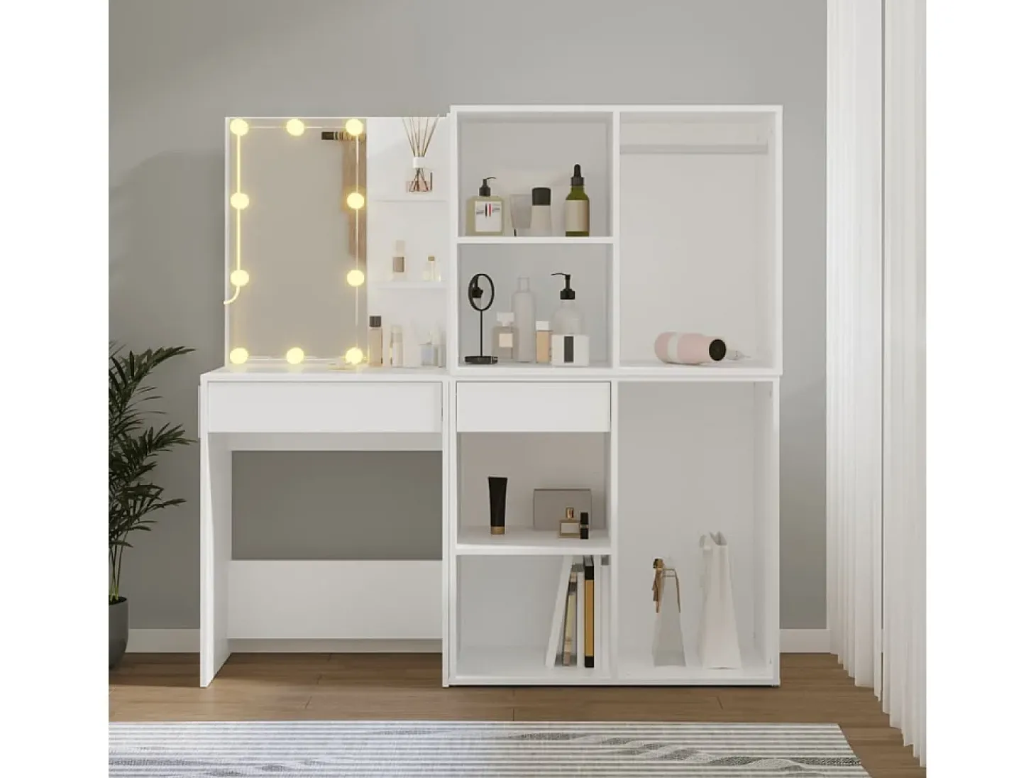 Toucador com 2 armários e luzes LED derivados de madeira branco