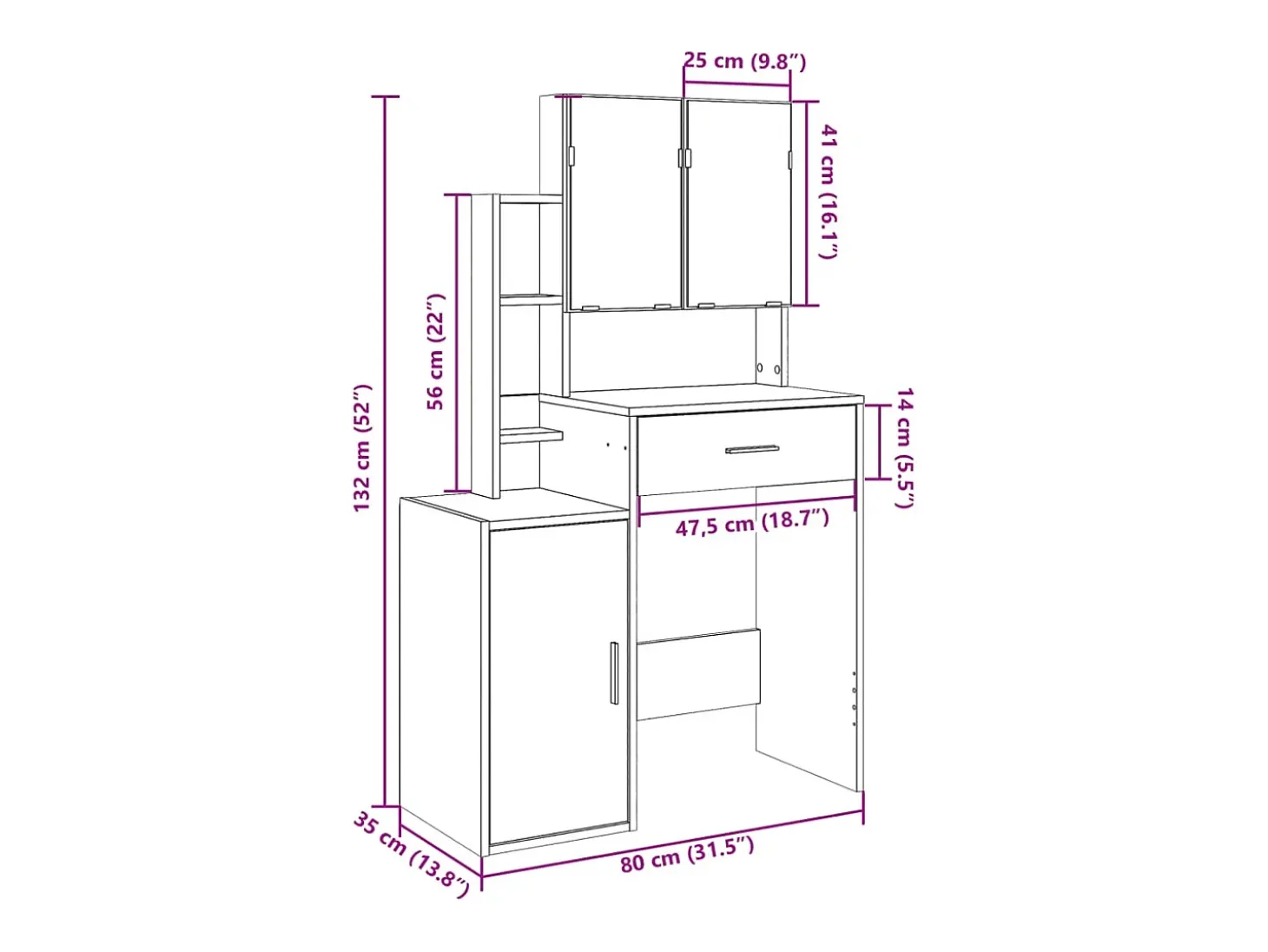Toucador com armário 80x35x132 cm cor branco