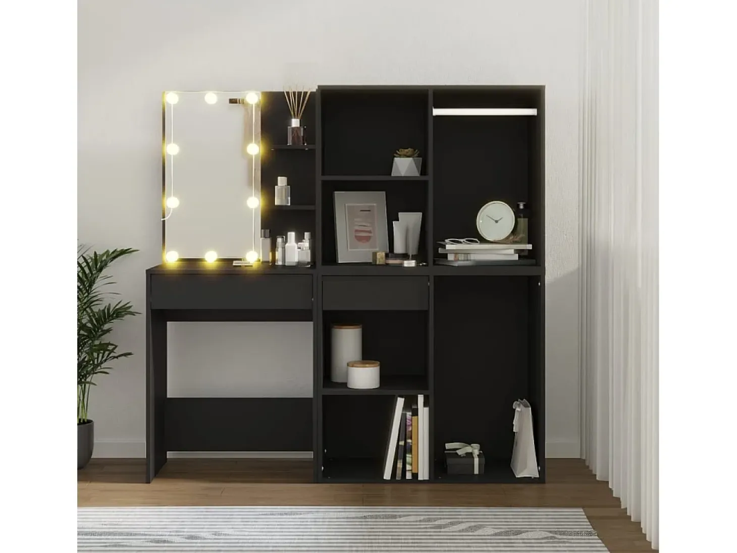 Toucador com armários e luzes LED derivados de madeira preto