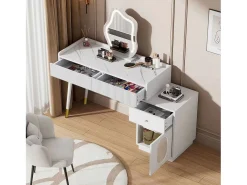 Toucador com espelho e iluminação LED - 2 gavetas e armário amovível - Branco (banco não incluído)