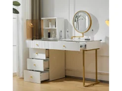 Toucador com espelho e LED - 5 gavetas e expositor em vidro - Branco (banco não incluído)