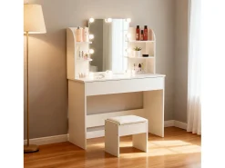 Toucador com espelho LED e banqueta - Branco - Madeira MDF