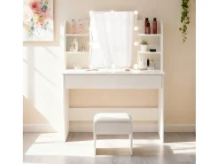 Toucador com espelho LED e banqueta - Branco - Madeira MDF