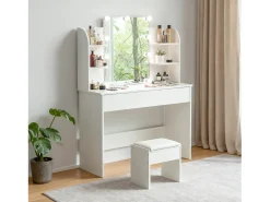 Toucador com espelho LED e banqueta - Branco - Madeira MDF