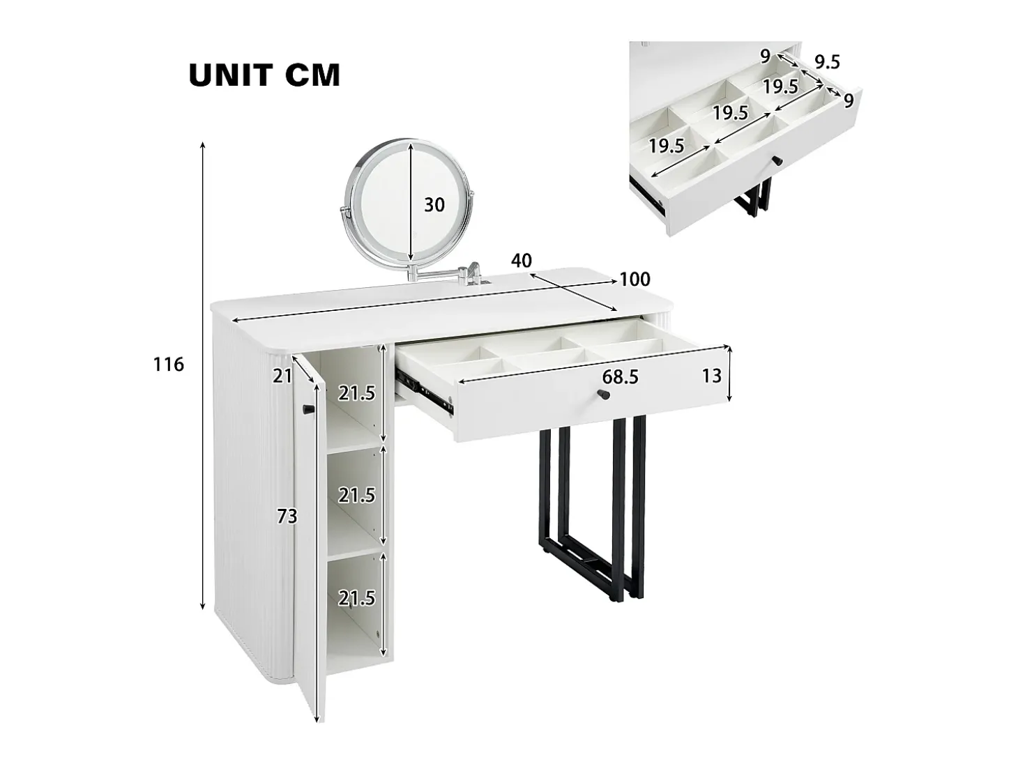 Toucador com espelho LED, gaveta e porta - Branco e preto
