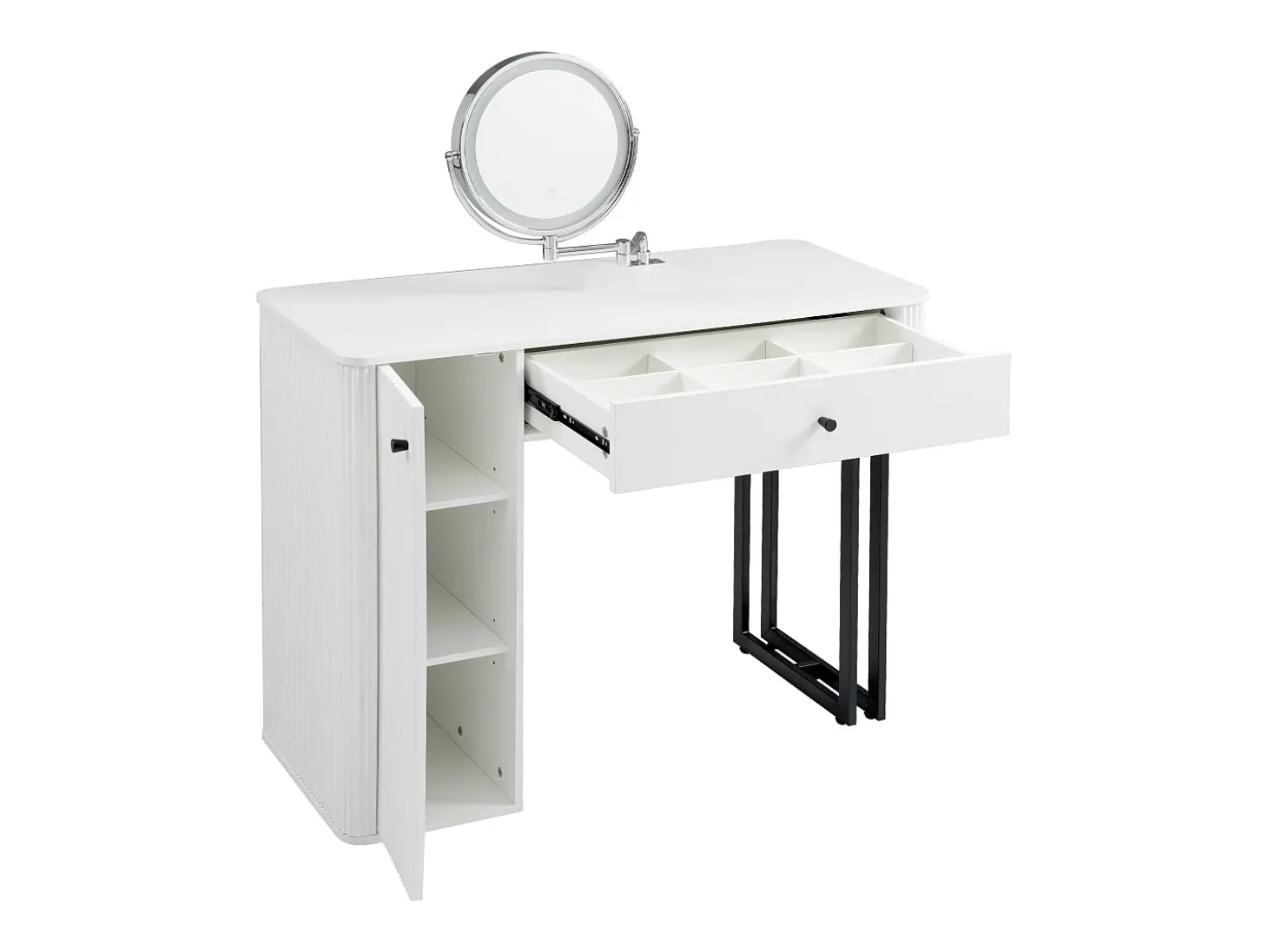 Toucador com espelho LED, gaveta e porta - Branco e preto