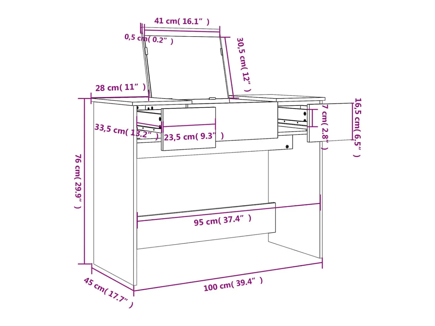 Toucador com espelho 100x45x76 cm branco