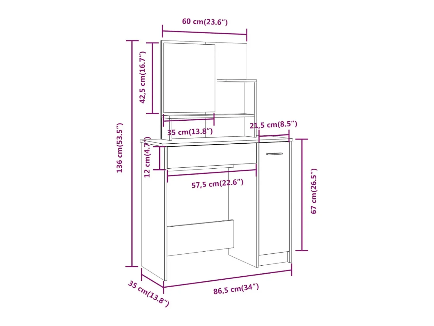 Toucador com espelho 86,5x35x136 cm cinzento cimento
