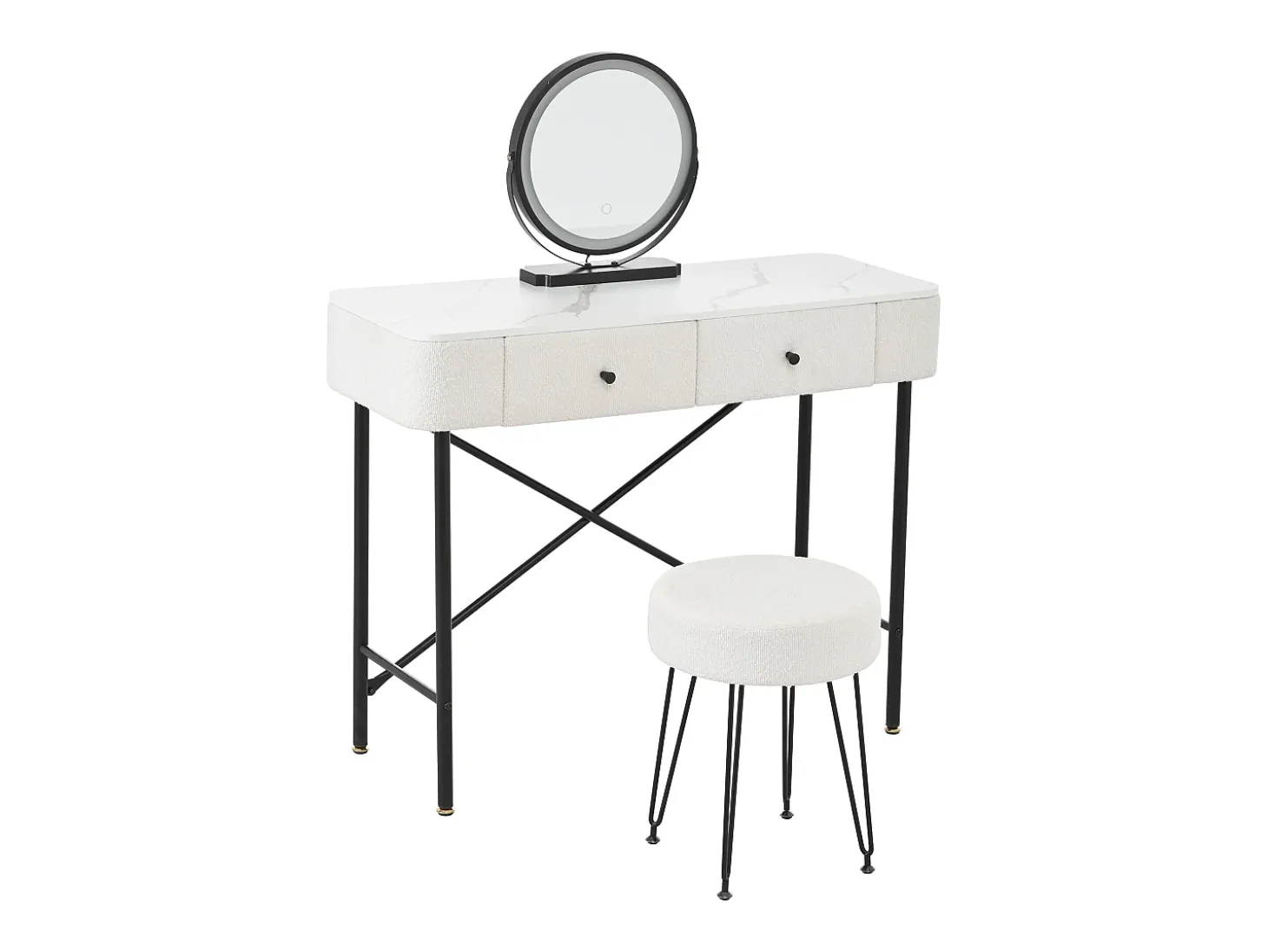 Toucador com espelho 100x40x120cm - con LED ajustável - con 1 banquinho - con 2 gavetas - textura de mármore - Branco + Preto