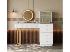 Toucador com espelho 120x40x120cm - con LED ajustável - con 5 gavetas e 1 porta de vidro - Branco (banquinho não incluído)