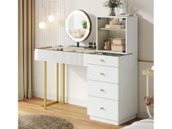 Toucador com espelho 120x40x120cm - con LED ajustável - con 5 gavetas e 1 porta de vidro - Branco (banquinho não incluído)