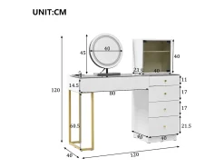 Toucador com espelho 120x40x120cm - con LED ajustável - con 5 gavetas e 1 porta de vidro - Branco (banquinho não incluído)