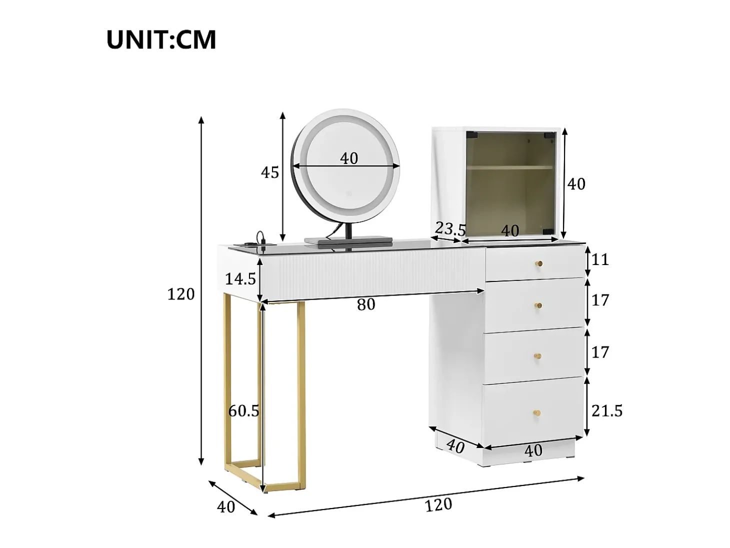 Toucador com espelho 120x40x120cm - con LED ajustável - con 5 gavetas e 1 porta de vidro - Branco (banquinho não incluído)