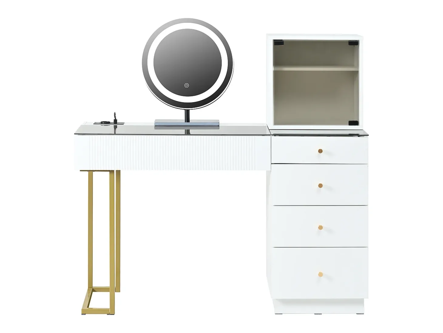 Toucador com espelho 120x40x120cm - con LED ajustável - con 5 gavetas e 1 porta de vidro - Branco (banquinho não incluído)