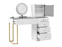Toucador com espelho 120x40x120cm - con LED ajustável - con 5 gavetas e 1 porta de vidro - Branco (banquinho não incluído)