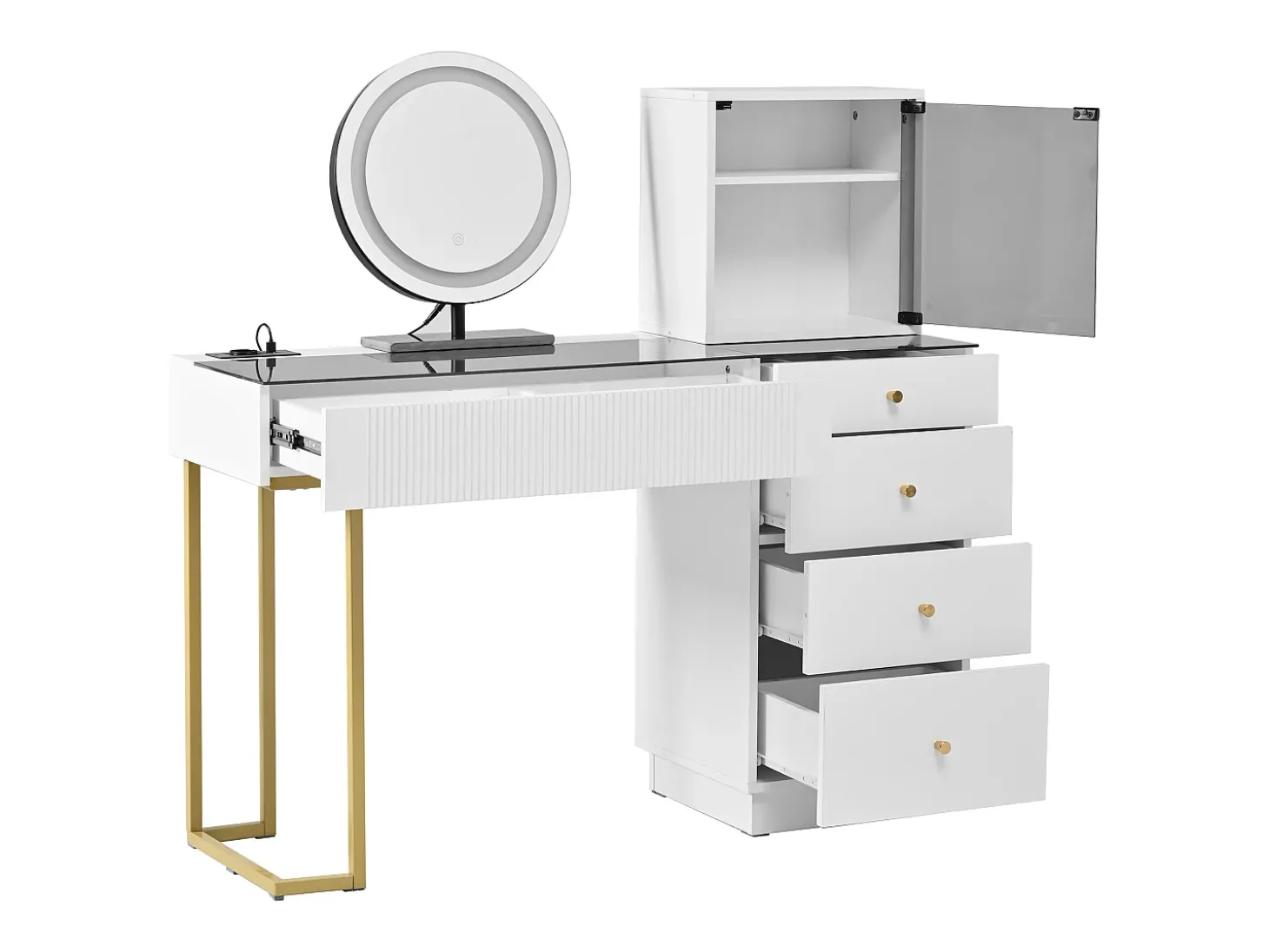 Toucador com espelho 120x40x120cm - con LED ajustável - con 5 gavetas e 1 porta de vidro - Branco (banquinho não incluído)