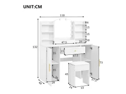 Toucador com espelho 110x40x132cm - con LED ajustável - con 1 banquinho - con 1 gaveta e 2 portas - Branco
