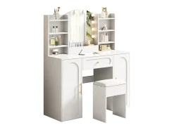 Toucador com espelho 110x40x132cm - con LED ajustável - con 1 banquinho - con 1 gaveta e 2 portas - Branco