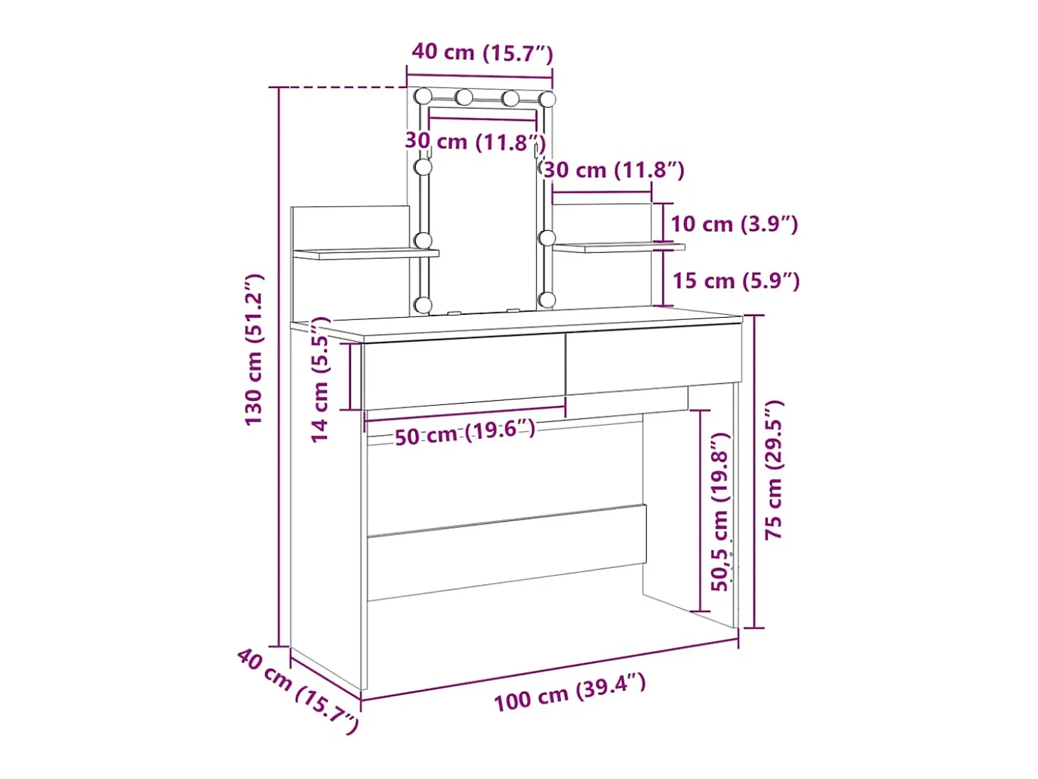 Toucador com LEDs 100x40x130 cm branco