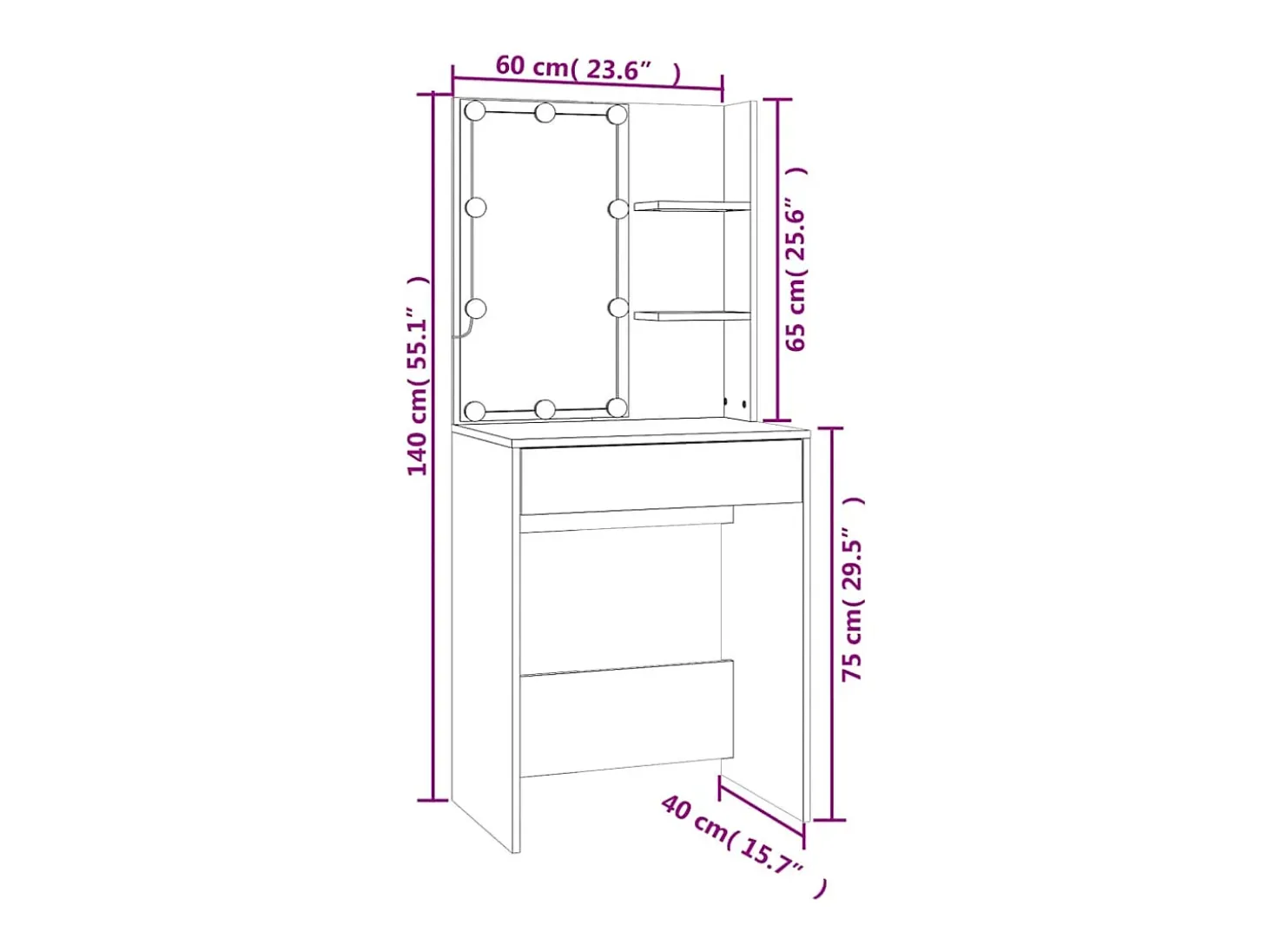 Toucador com LEDs 60x40x140 cm cinzento cimento