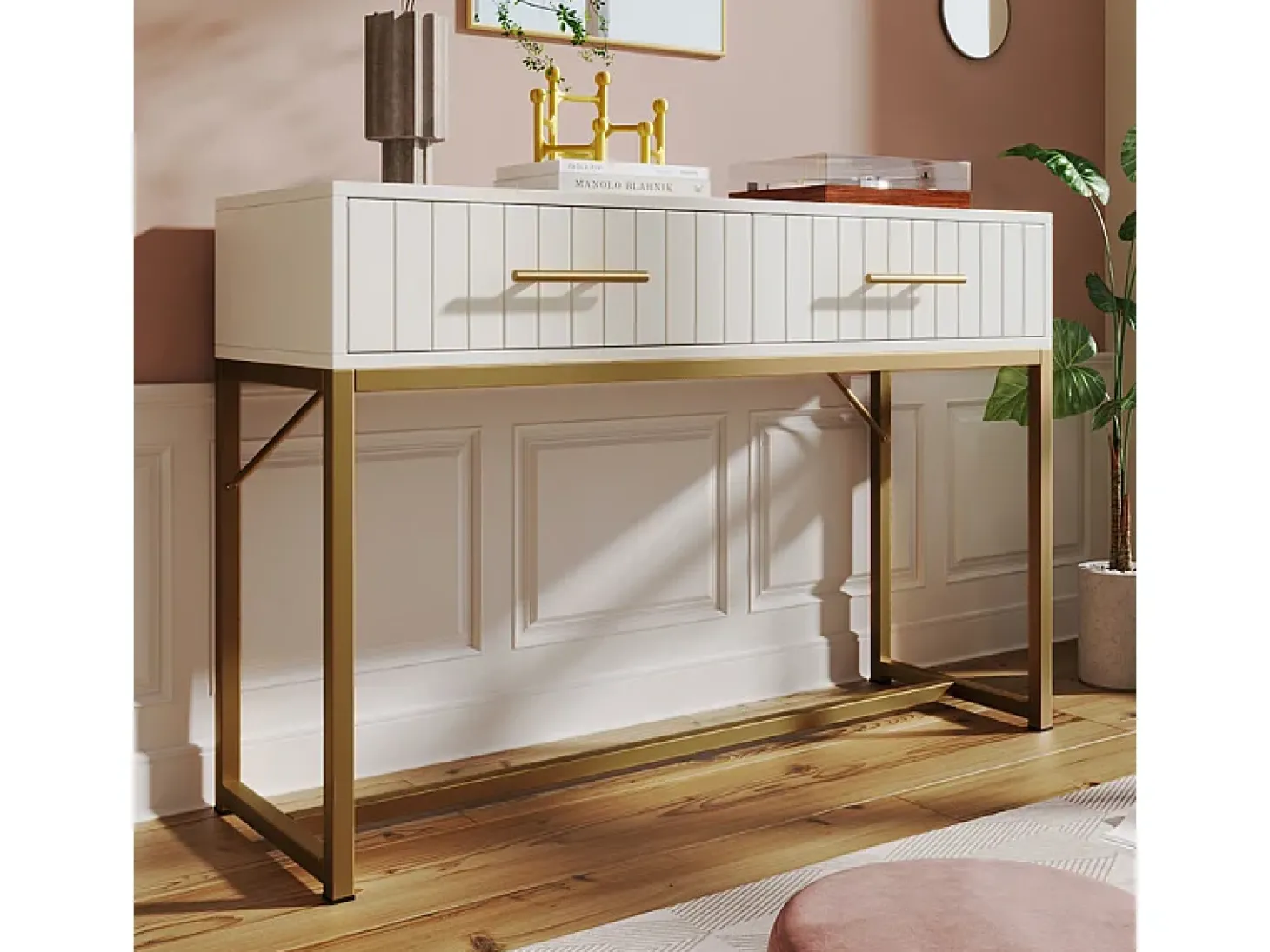 Toucador decorado com riscas verticais - A 75 cm - com 2 gavetas e base metálica - Branco