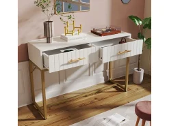 Toucador decorado com riscas verticais - A 75 cm - com 2 gavetas e base metálica - Branco