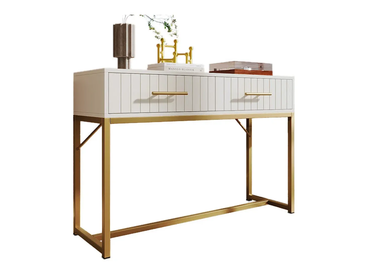 Toucador decorado com riscas verticais - A 75 cm - com 2 gavetas e base metálica - Branco