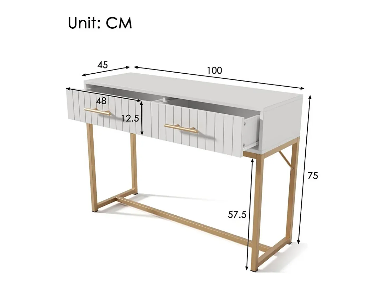Toucador decorado com riscas verticais - A 75 cm - com 2 gavetas e base metálica - Branco