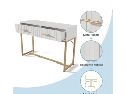 Toucador decorado com riscas verticais - A 75 cm - com 2 gavetas e base metálica - Branco