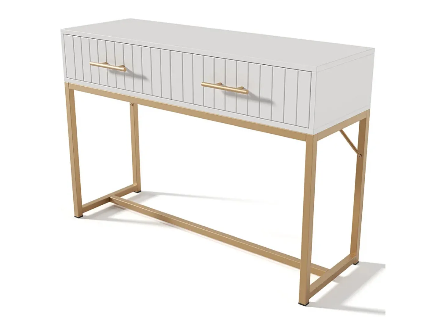 Toucador decorado com riscas verticais - A 75 cm - com 2 gavetas e base metálica - Branco