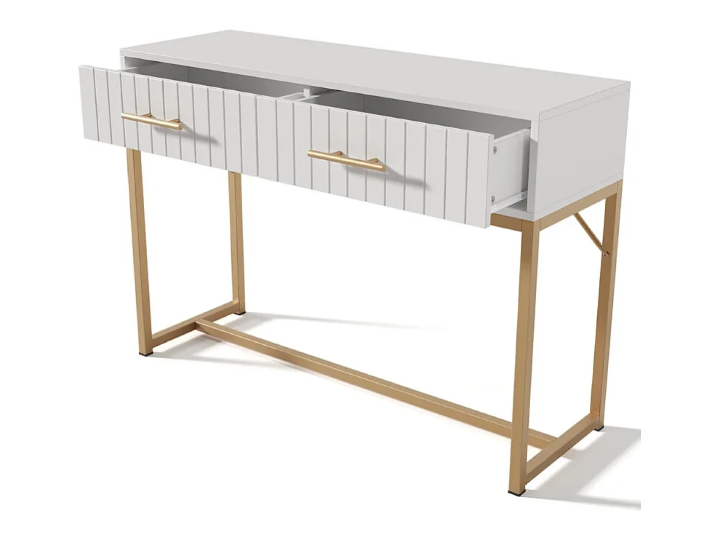 Toucador decorado com riscas verticais - A 75 cm - com 2 gavetas e base metálica - Branco