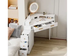 Toucador 105.5x75x120cm - con LED ajustável - con 5 gavetas - con portas USB e USB-C - Branco (banquinho não incluído)
