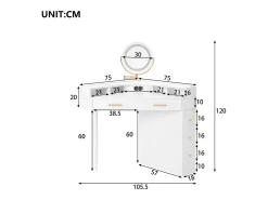Toucador 105.5x75x120cm - con LED ajustável - con 5 gavetas - con portas USB e USB-C - Branco (banquinho não incluído)