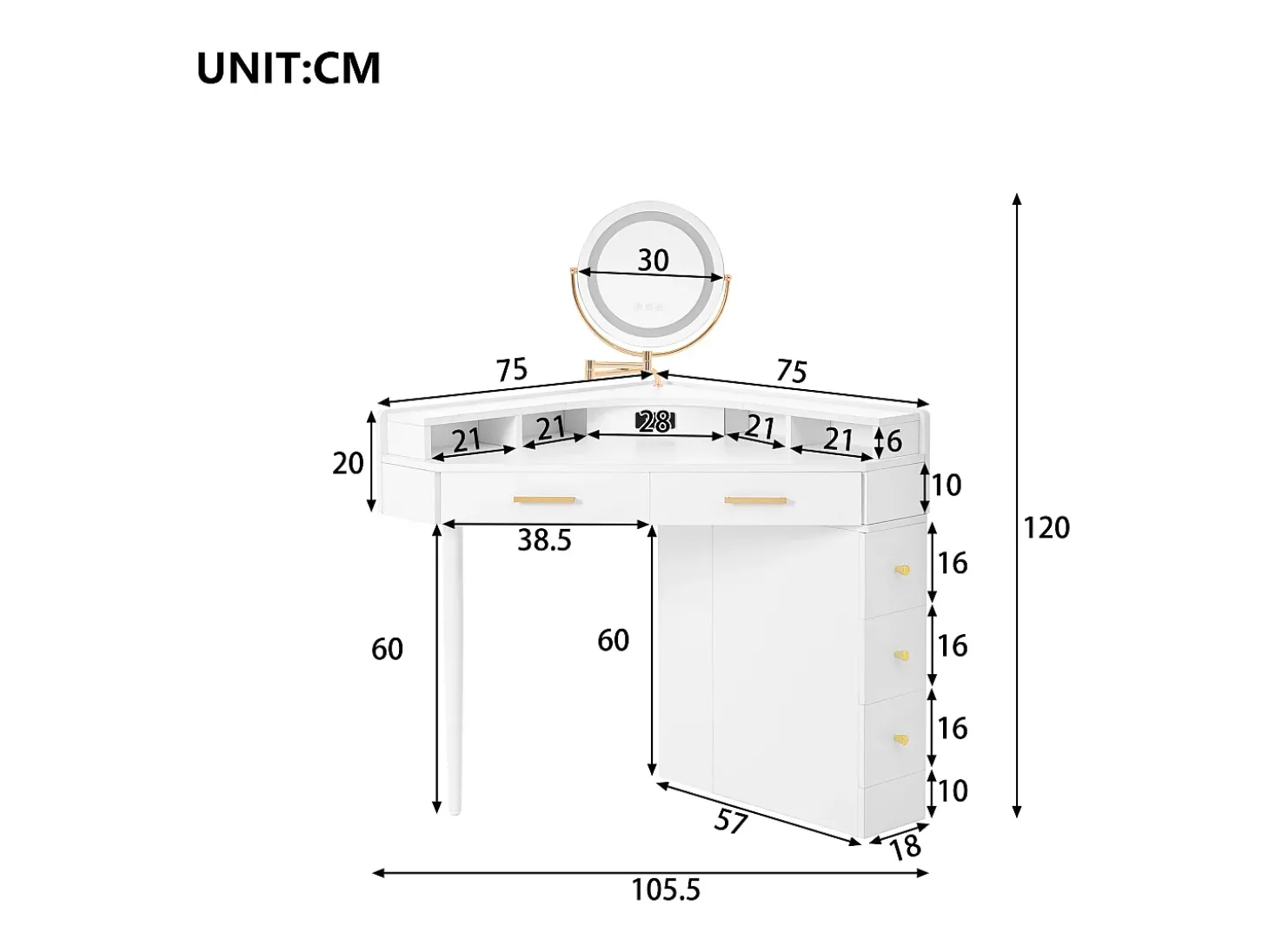 Toucador 105.5x75x120cm - con LED ajustável - con 5 gavetas - con portas USB e USB-C - Branco (banquinho não incluído)