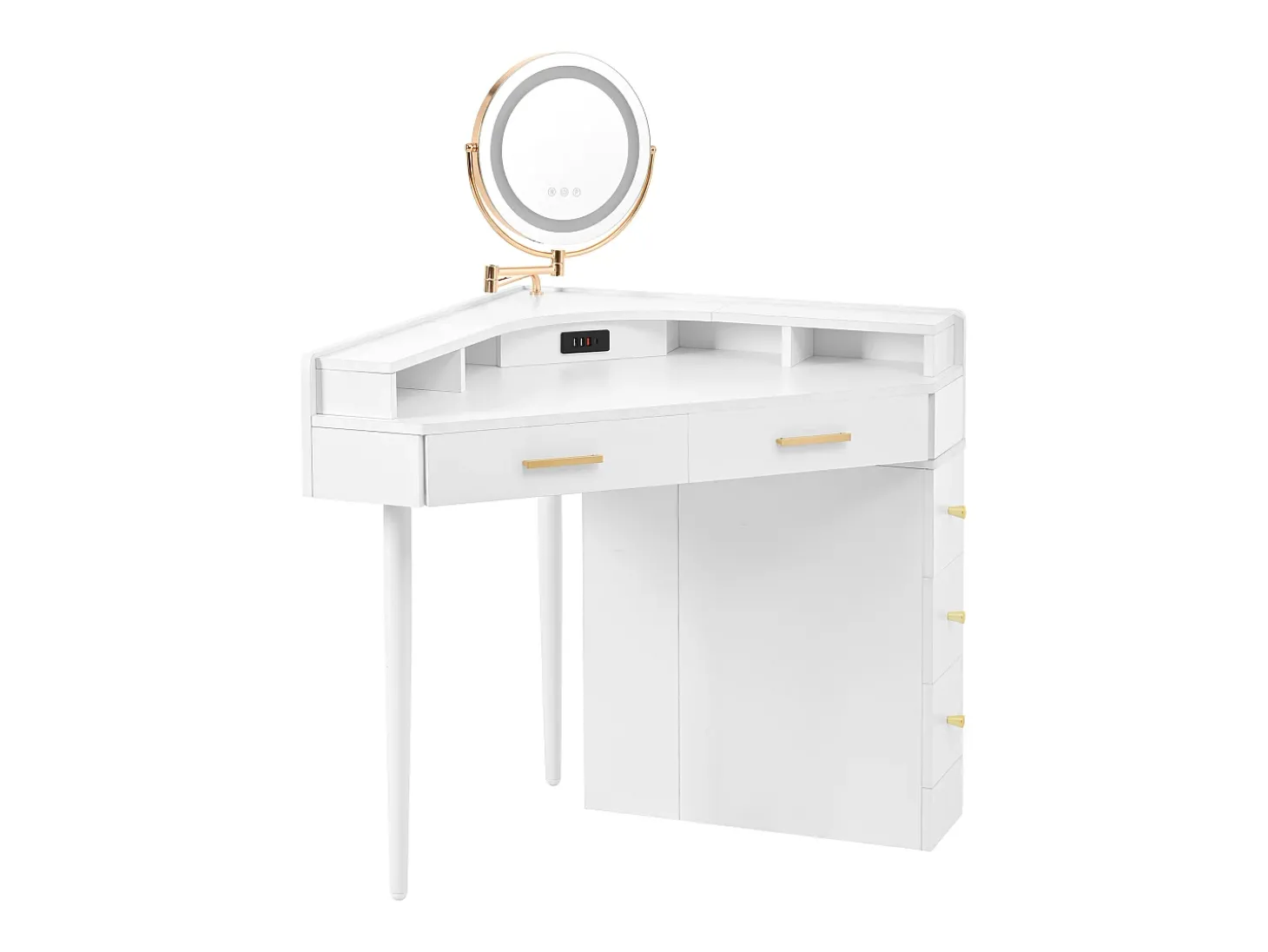 Toucador 105.5x75x120cm - con LED ajustável - con 5 gavetas - con portas USB e USB-C - Branco (banquinho não incluído)